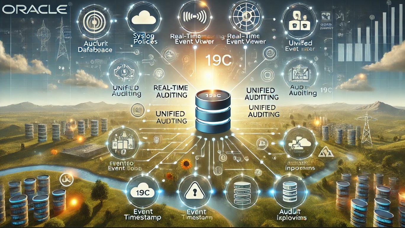 Illustration of Oracle Database 19c auditing enhancements, featuring unified auditing, real-time monitoring, SYSLOG, Windows Event Viewer integration, and audit trail management, with icons for security, compliance, and data logging in a high-tech environment.