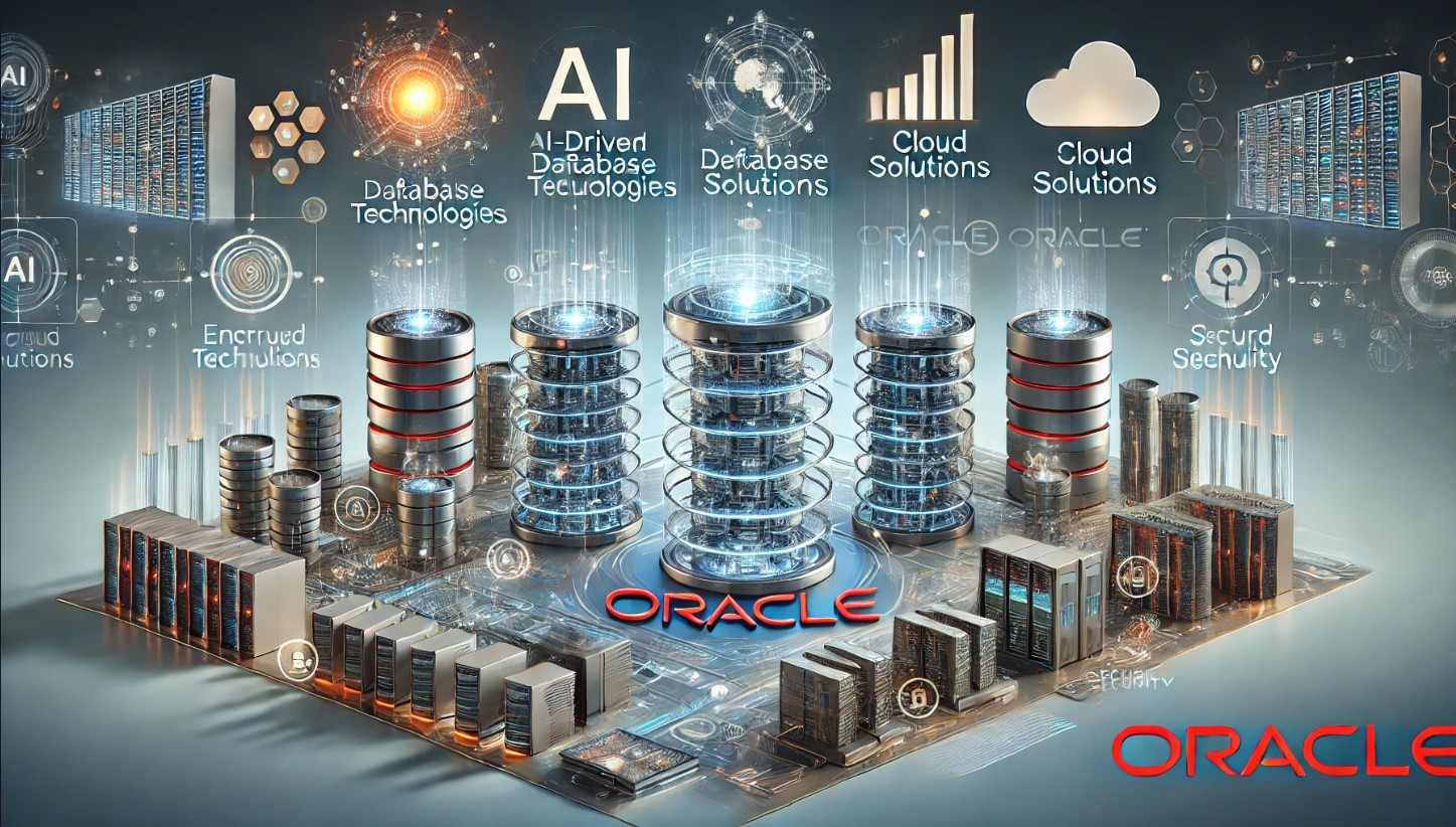 Illustration depicting the future of database technologies with Oracle's advancements in AI, cloud solutions, and database security, highlighting its leadership in the evolving database landscape.