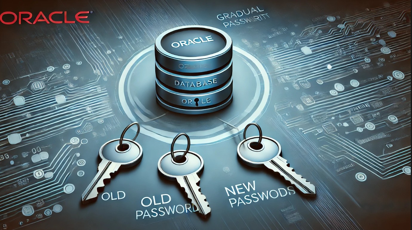 Illustration of Oracle Database 19c and 21c Gradual Database Password Rollover feature showing the transition process from an old password to a new one over a defined rollover period, enhancing security and application stability during password updates.