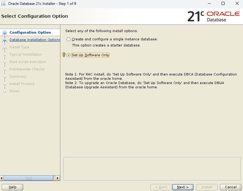 Oracle Database 21c Installation - Select configuration option