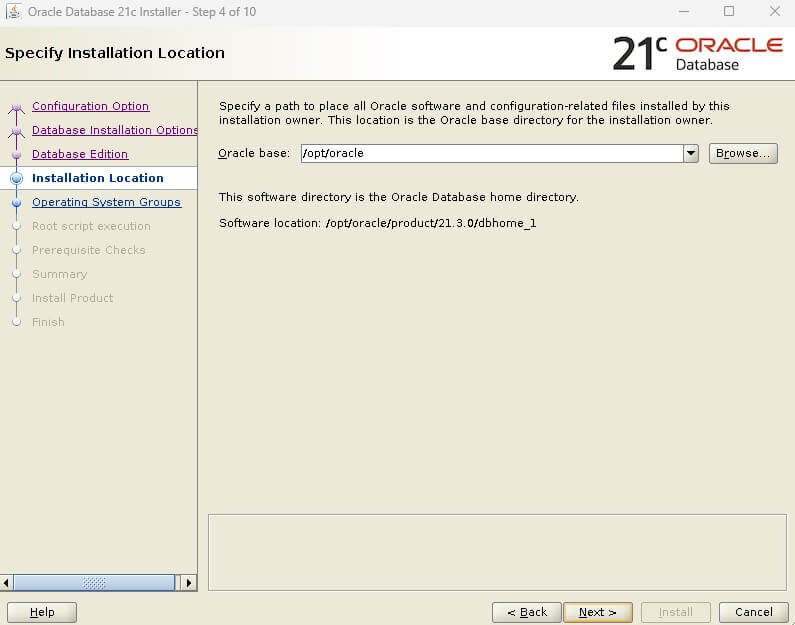 Oracle Database 21c Installation - Specify installation location