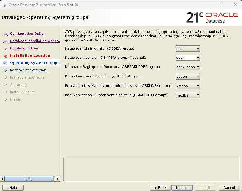 Oracle Database 21c Installation - Select groups