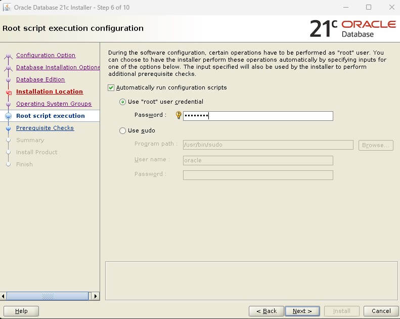 Oracle Database 21c Installation - Specify root passwrod