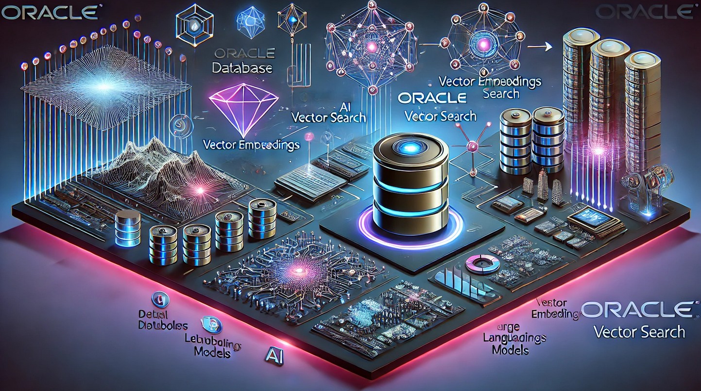 A conceptual landscape illustration of Oracle AI Vector Search, featuring a modern database system connected to AI models, neural networks, and vector embeddings with glowing data flows and a sleek, futuristic design.