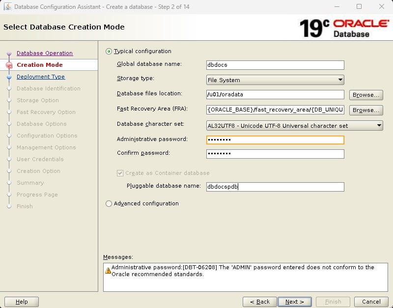 Create Database - Select Database Creation Mode