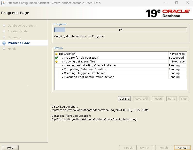 Create Database - Progress Page