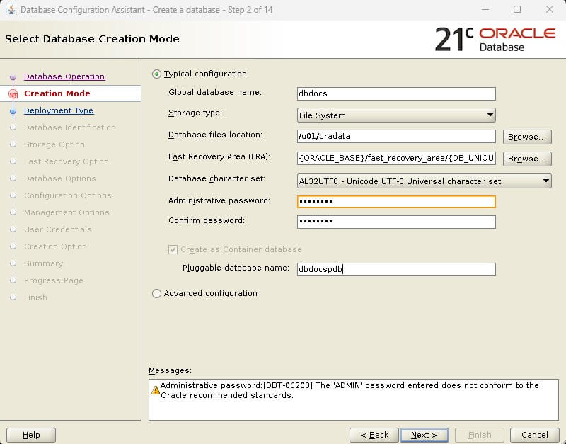 Create Database - Select Database Creation Mode