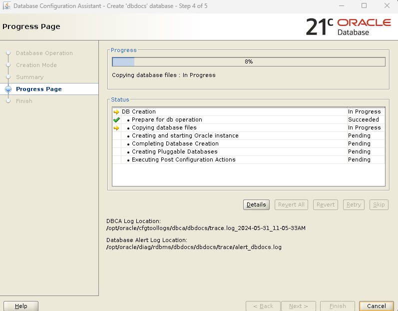 Create Database - Progress Page